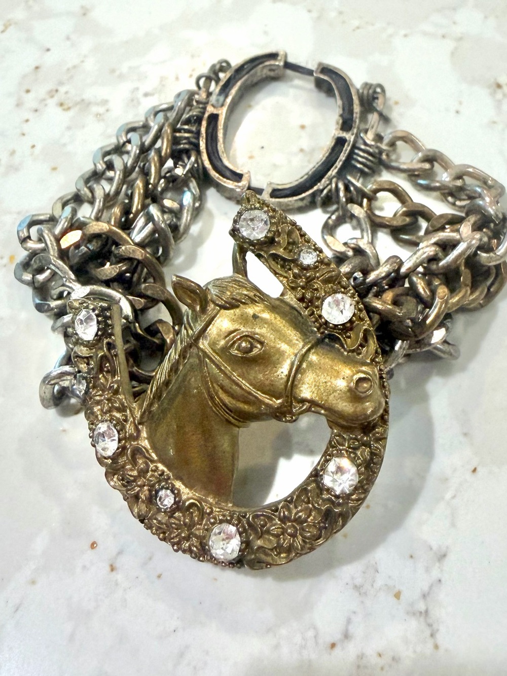 Vintage Western Horsehead Horseshoe Multi Strand Chain Stretch Bracelet Rhinesto